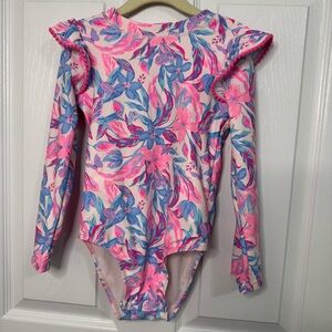 Tommy Bahama Girls Floral Long Sleeve Swimsuit - Pink, Blue & White Rash Guard